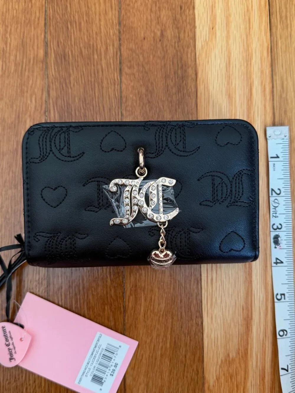 Juicy Couture Black Embossed Wallet Rhinestone JC Charm NWT